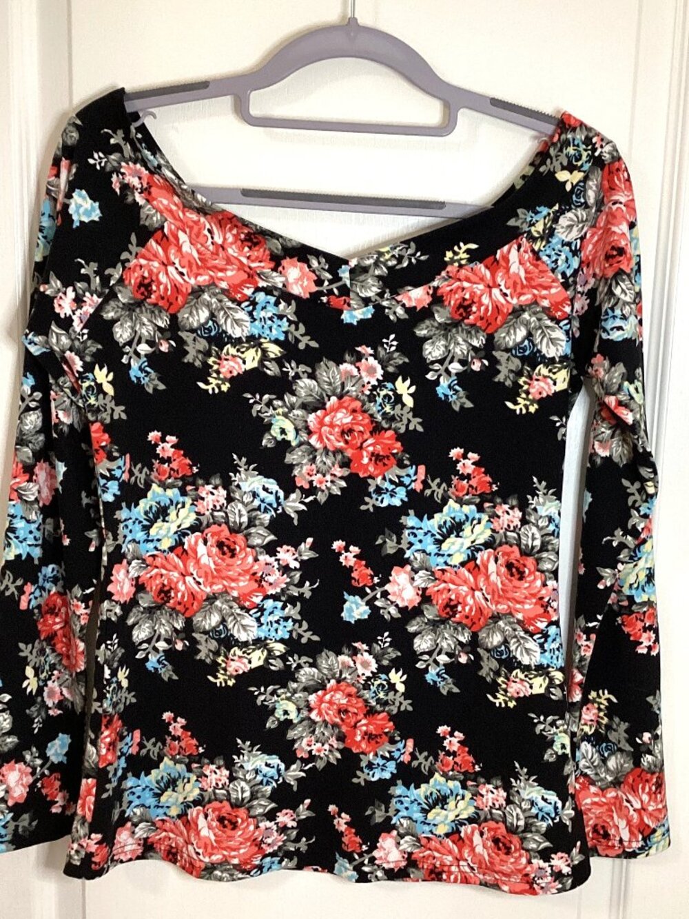 Sarin Mathews Womens Black Floral Long Sleeve Off The Shoulder V-Neck Top Size S